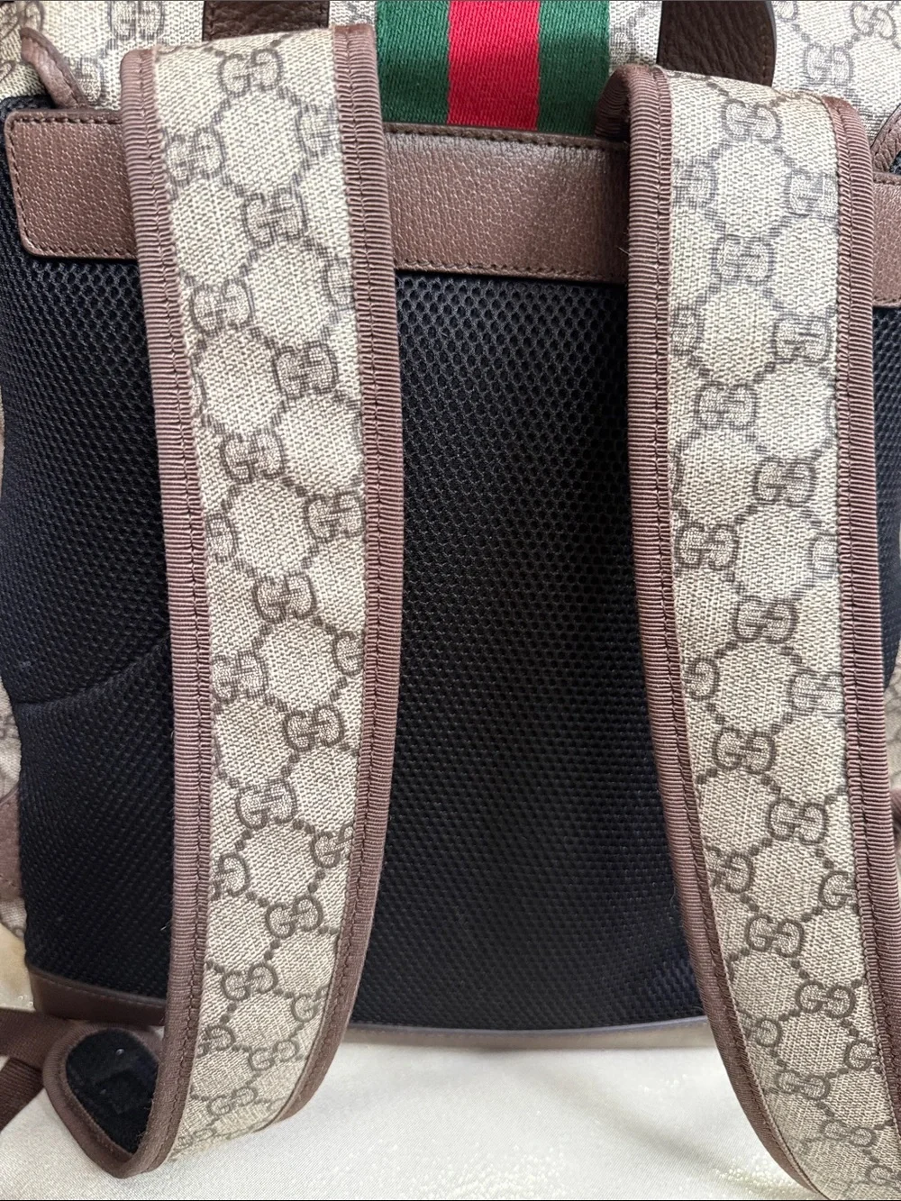 Gucci Brown GG Canvas Backpack with Sherry Line Green and Red